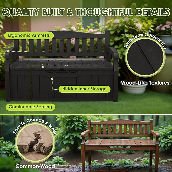 Greesum 80 Gallon Outdoor Storage Bench, Resin Patio Furniture with Armrest,Waterproof and UV-Resistant, Perfect to Garden, Poolside and Lawn, Black