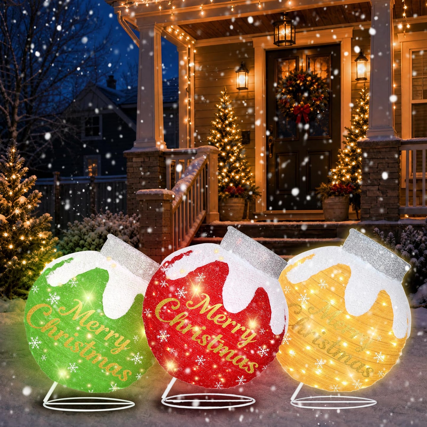 Outdoor Christmas Ball Ornaments, Collapsible Pop-Up Lighted Christmas Decorations with 80 Bright LED Lights, 8 Light Modes, Weatherproof Large Holiday Ball Decor for Yard, Lawn, Home（Red/Green/Beige）