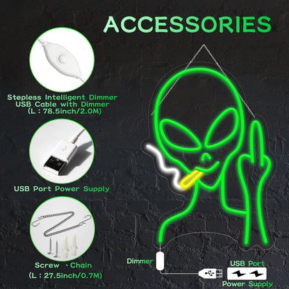 Green Alien Neon Signs, Dimmable LED Neon Signs for Wall Decor Bedroom Man Cave Game Room Home Bar Party Decor, LED Alien Neon Light for Kids Birthday Gift (Green Alien)
