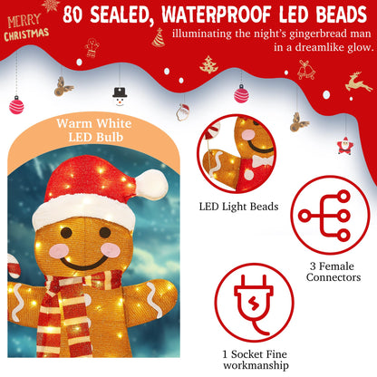 32 Inch 3D Lighted Gingerbread Man Decorations - 2-Piece Outdoor Christmas Decorations with 80 Warm White LEDs, Christmas Yard Decorations Display for Garden, Storefront, Patio