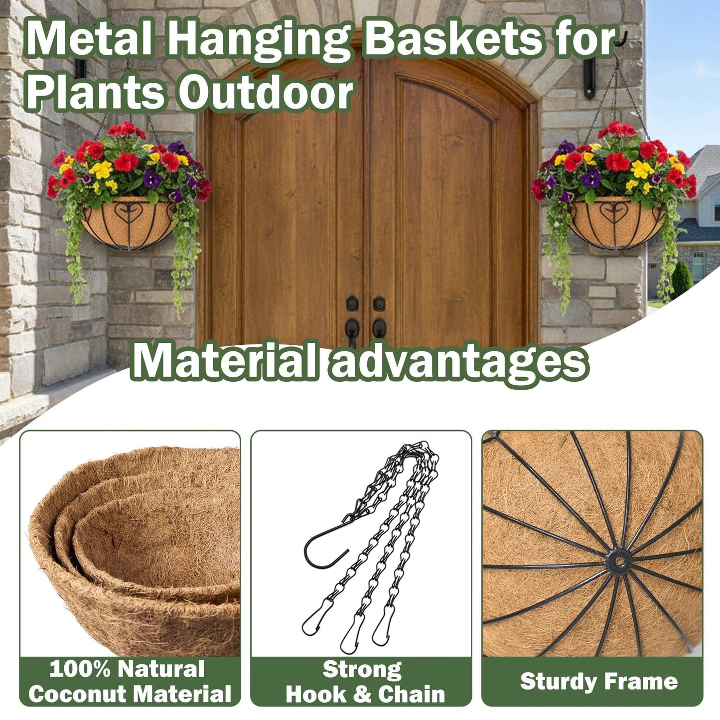 KIDYBELL 4 Pack 14 Inch Hanging Metal Planters for Outdoor Plants, Modern Black Solid Rectangular Hanging Baskets with Coco Coir Liner