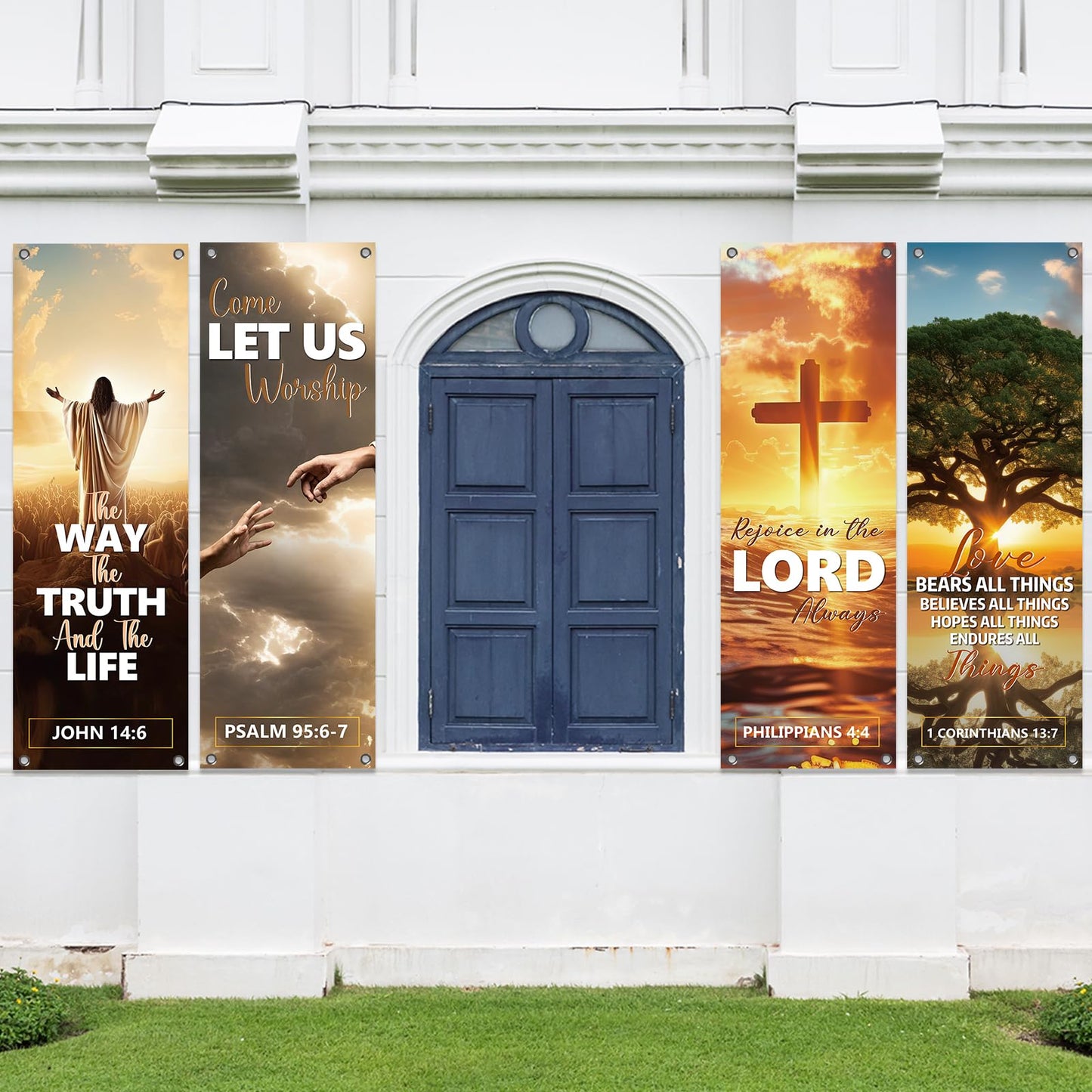 4Pcs Church Banners for Sanctuary Wall Welcome Religious Banners Hanging Backdrop Sanctuary Church Hanging Signs Bible Verses Banner Scripture Church Hanging Signs for Church School Decor