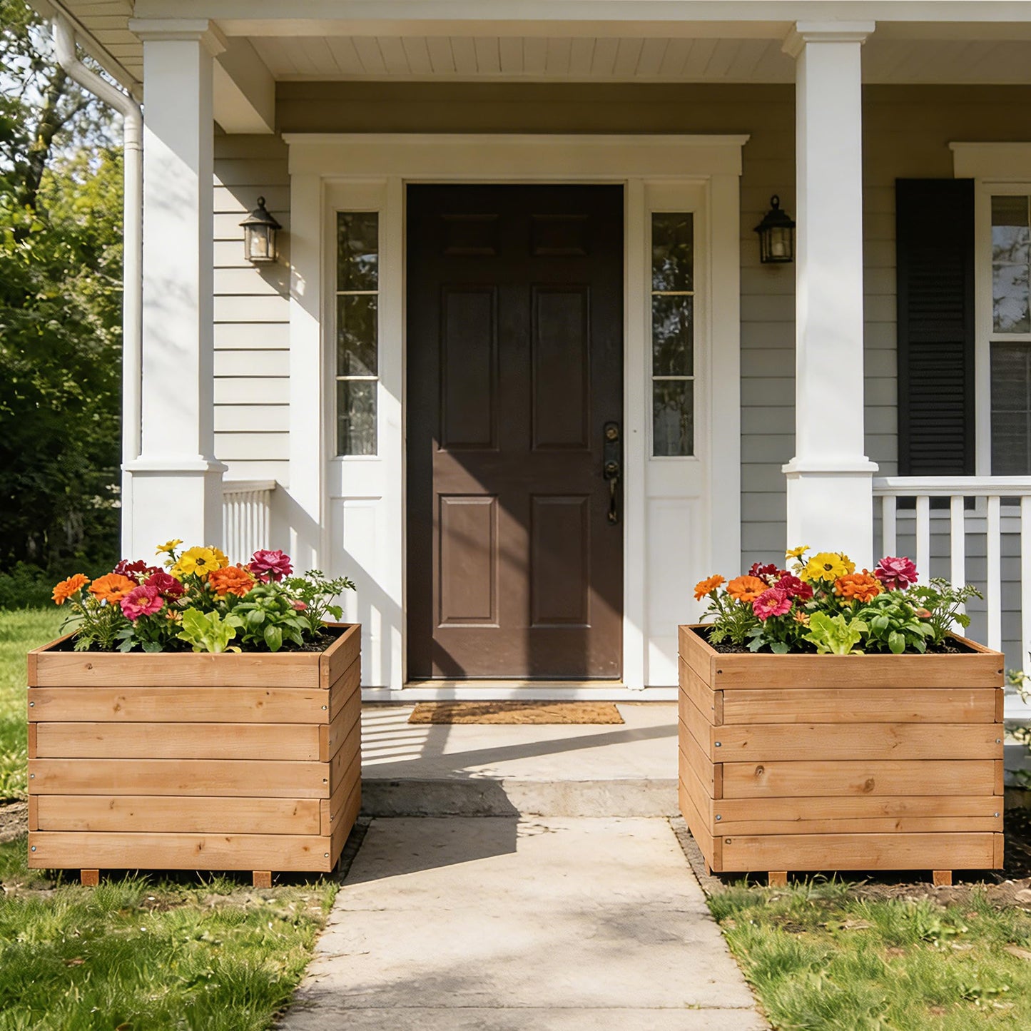 ScienGarden 15.75" Square Wooden Planter Box, 12.6" H Raised Garden Box, Fir Wood Outdoor Planter with 2 Drainage Holes, Reinforced Bottom Supports, Mortise & Tenon Corners, Water-Based Paint Finish
