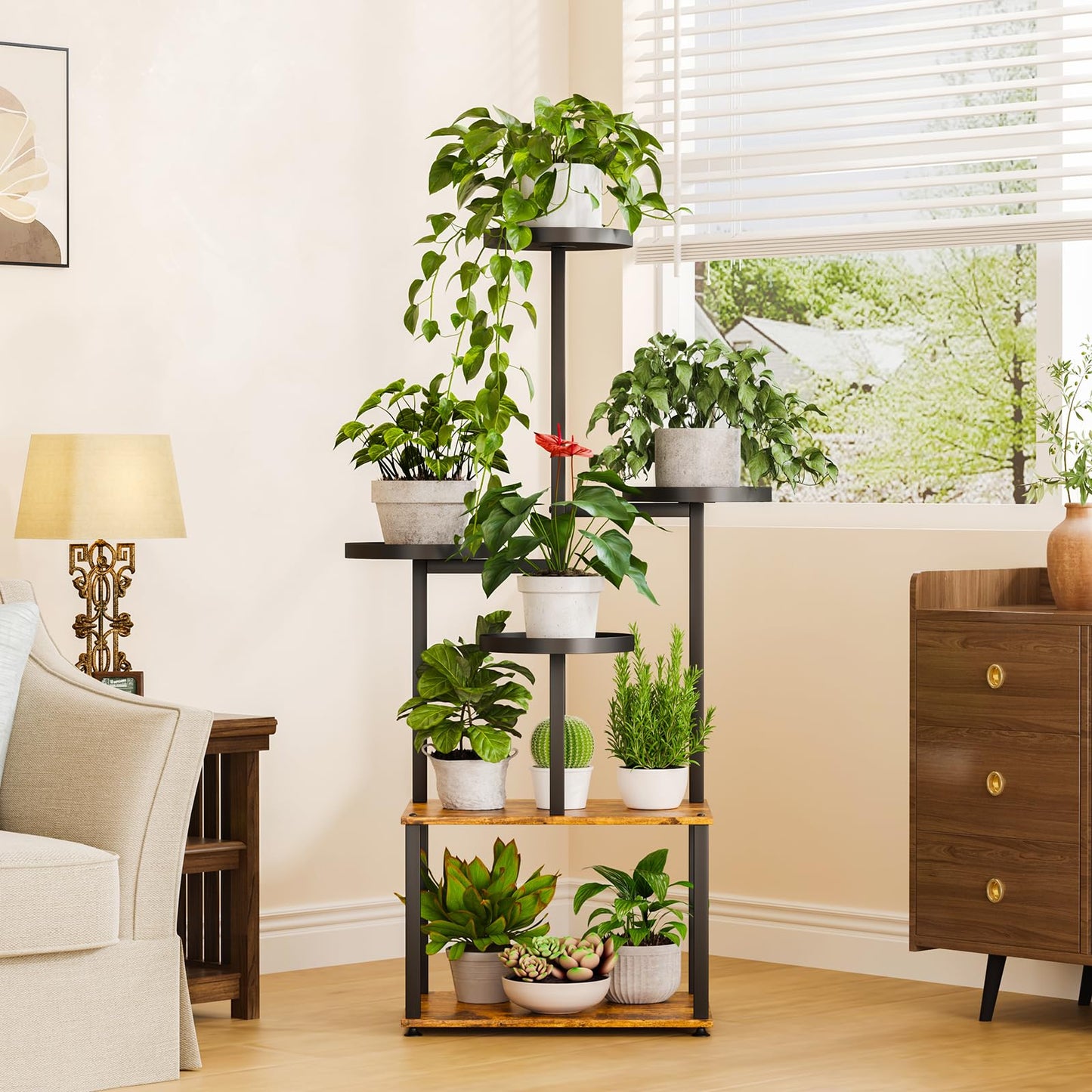 LMGVRZK Plant Stand 6 Tier Indoor Metal Plant Shelf for Multiple Plants Corner Tall Flower Holders for Living Room Bedroom Patio Balcony, Black (6 Tier-Extra Large-Black+Rustic Brown)