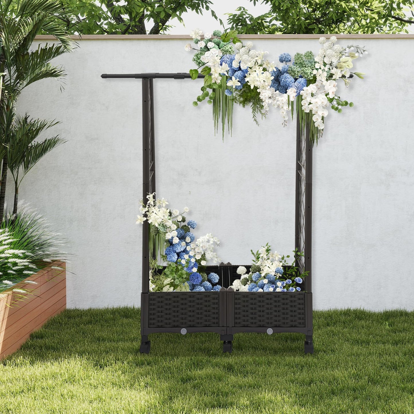 Tapischion Planter Garden Box with Trellis, 6 Wheels & Hanging Rods - 80cm Large Vertical Gardening Box for Balcony, Patio, Outdoor Brown