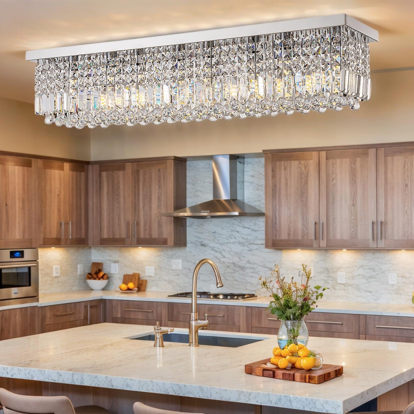 𝐋𝟒𝟎 𝐈𝐧𝐜𝐡 Modern Crystal Chandelier, 8-Lights Rectangle Chandelier Rectangular Flush Mount Pendant Ceiling Light Fixture K9 Crystal Raindrop Chandeliers for Dining Living Room Kitchen Island