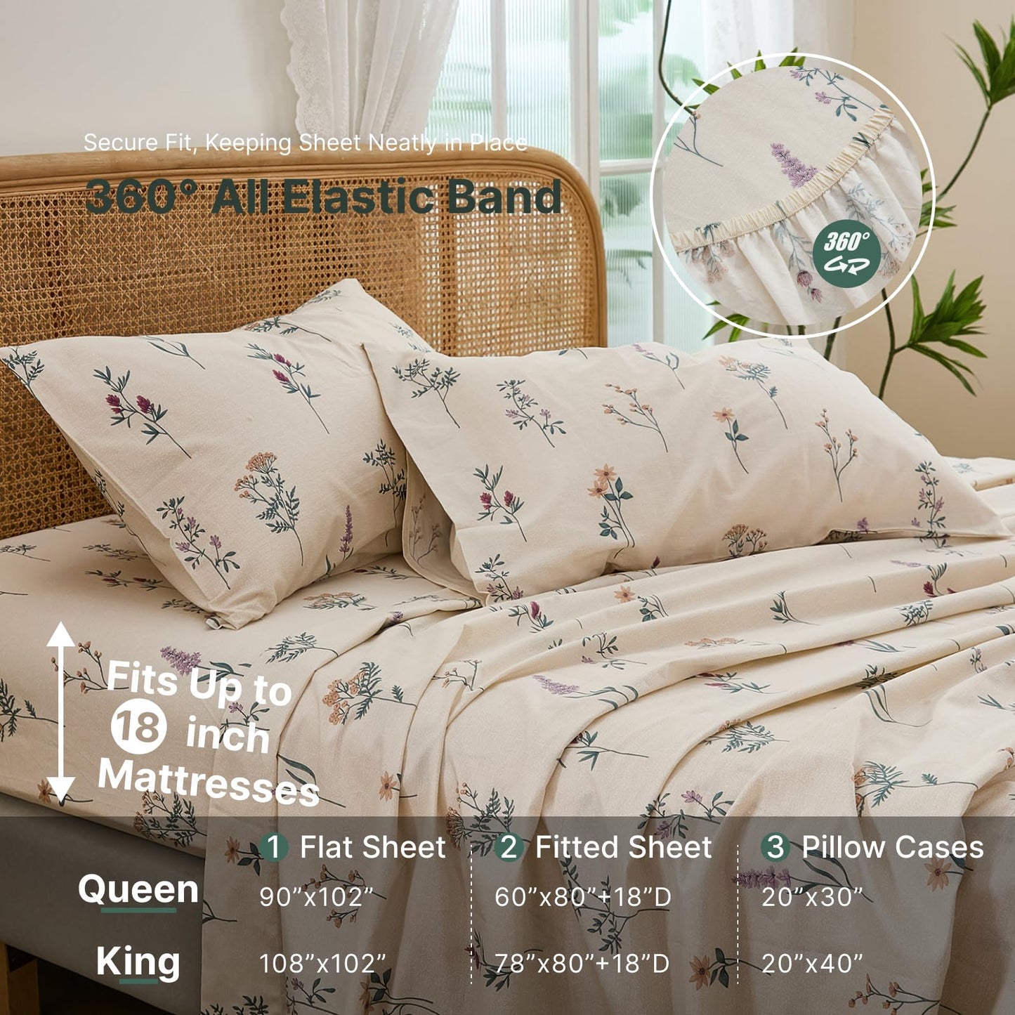 Cozaline Cream Floral Sheets Set King Size 100% Cotton, 4 Pieces, Soft & Breathable Percale Weave Bedding, Deep Pocket 17.5", Crisp Cool Feeling, Durable, Perfect Cute Floral Bed Sheet