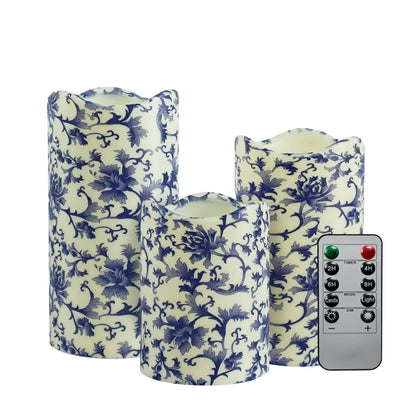 NjaoHoo Flameless Candles 4" 5" 6" Set of 3 Indoor Outdoor Pillars Battery Operated Flickering Candles Include 10-Key Remote Timer Function 500+ Hours (Blue and White Printed)