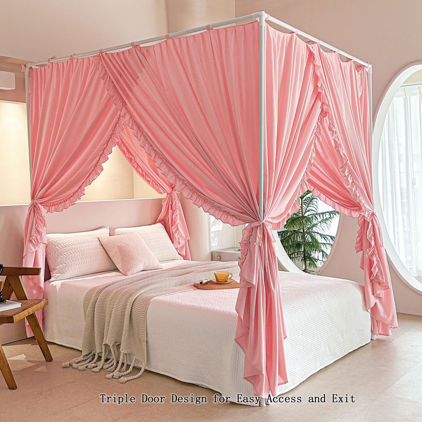 AIKASY Princess Canopy Bed Curtains with Top Ties - Windproof & Lightproof for Girls' Adult Bedroom Decor | Bed Canopy Drapes (King,Pink)