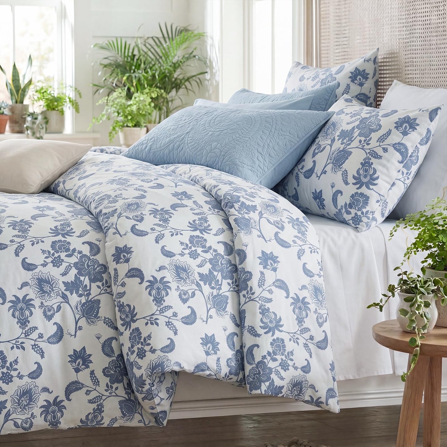 Bedorm 100% Cotton Duvet Cover Set King Floral Bedding Set Blue and White Paisley Flowers Print Boho Bedroom Decor Soft & Breathable Duvet Cover with Zipper Closure