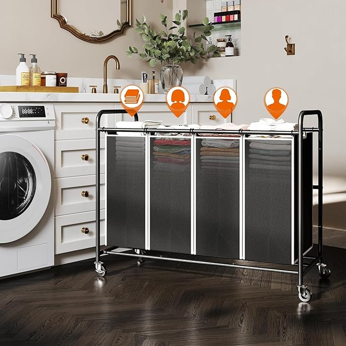 ROMOON Laundry Hamper Sorter Cart: 4-Section Organizer