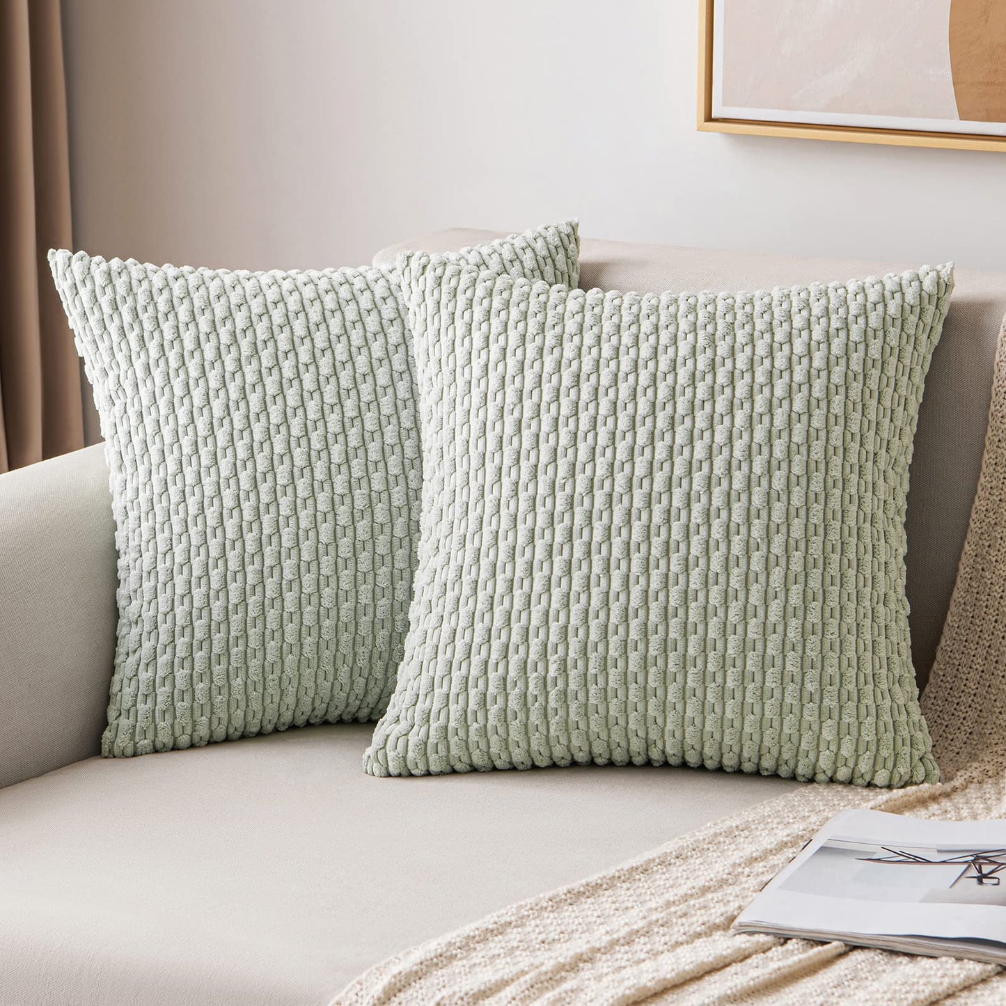 MIULEE Pack of 2 Decorative Throw Pillow Covers 18x18 Inch Soft Boho Striped Textured Corduroy Pillow Covers Modern Farmhouse Home Decor for Couch Bed Sofa Living Room Cream White