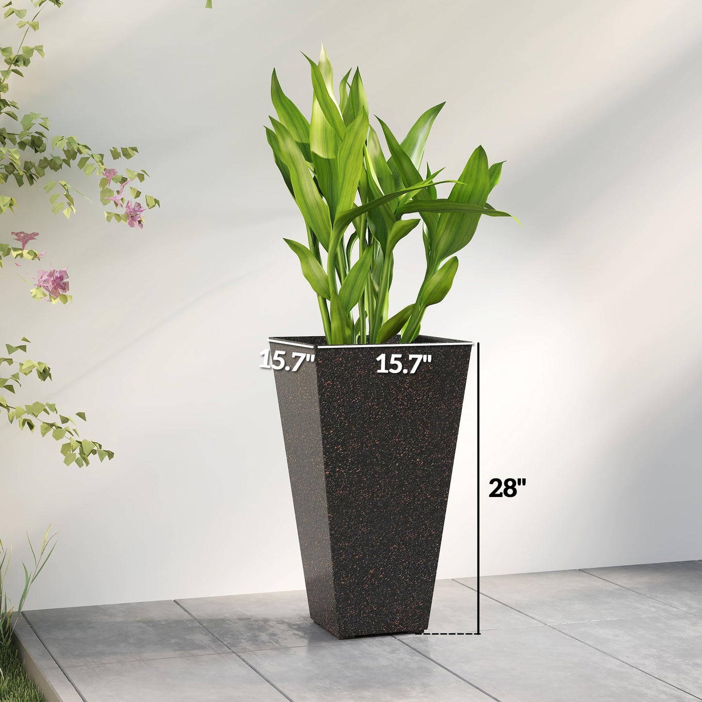 Outsunny 28 Inch Tall Planters for Outdoor Plants, Set of 3 Plastic Flower Pots with Marble Finish and Drainage Holes, Stackable Tapered Large Planters for Indoor Plants, Front Porch Decor, Brown