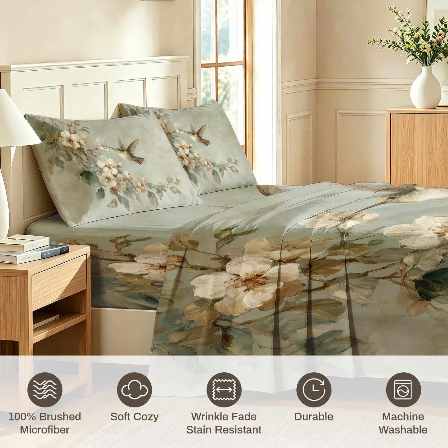 Bird and Flower Bedding Set 4 Pcs Hummingbird Queen Sheets