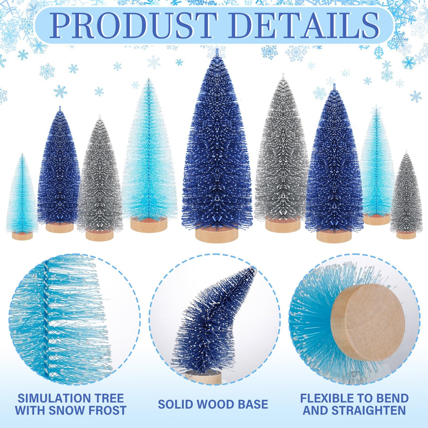 Leyndo 9 Pcs Blue Classic Artificial Mini Christmas Tree Sisal Bottle Brush Trees with Wood Base Christmas Pine Trees for Autumn Winter Holiday Home Kitchen Party Decor