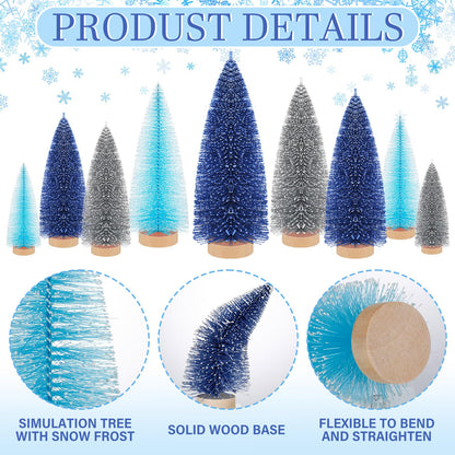 Leyndo 9 Pcs Blue Classic Artificial Mini Christmas Tree Sisal Bottle Brush Trees with Wood Base Christmas Pine Trees for Autumn Winter Holiday Home Kitchen Party Decor