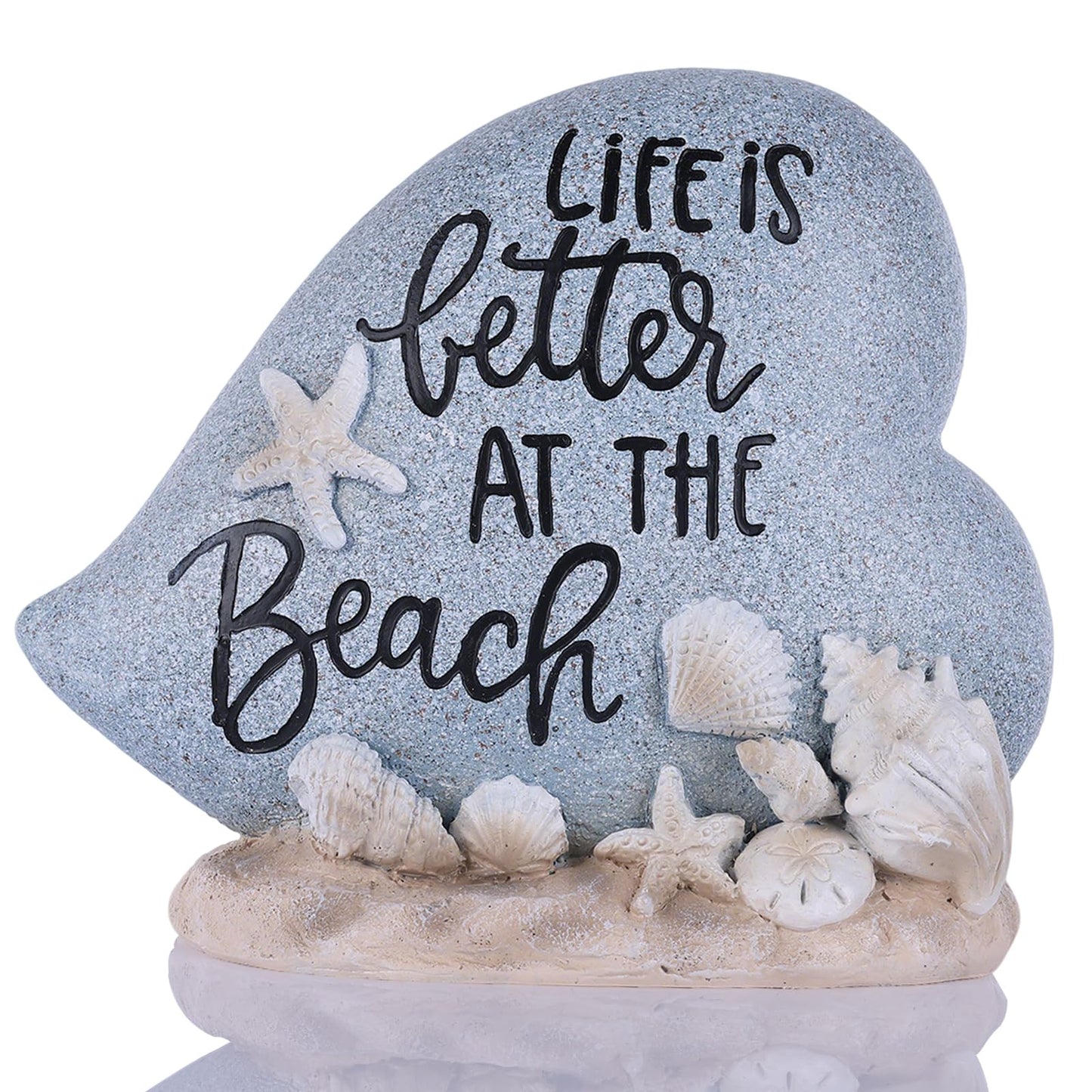 DOVDOV Resin Beach Decor Statue with Seashell and Starfish Accents, Coastal Heart Tabletop Sculpture with Life is Better at the Beach Message for Shelf Mantel Desk Home Display (Blue)