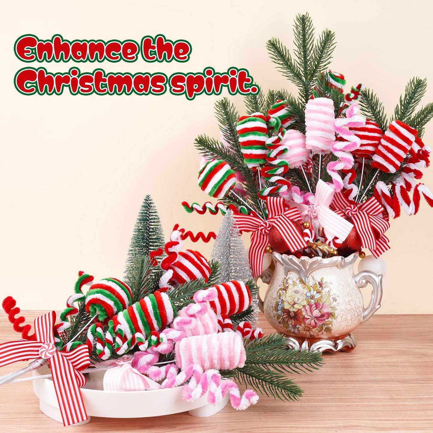 Candyland Christmas Tree Picks Set of 4, Red Green Peppermint Ornament Sprays with Bows and Greenery, Christmas Tree Topper Decorations, Gingerbread Christmas Decor for Tree, Wreath and Garland