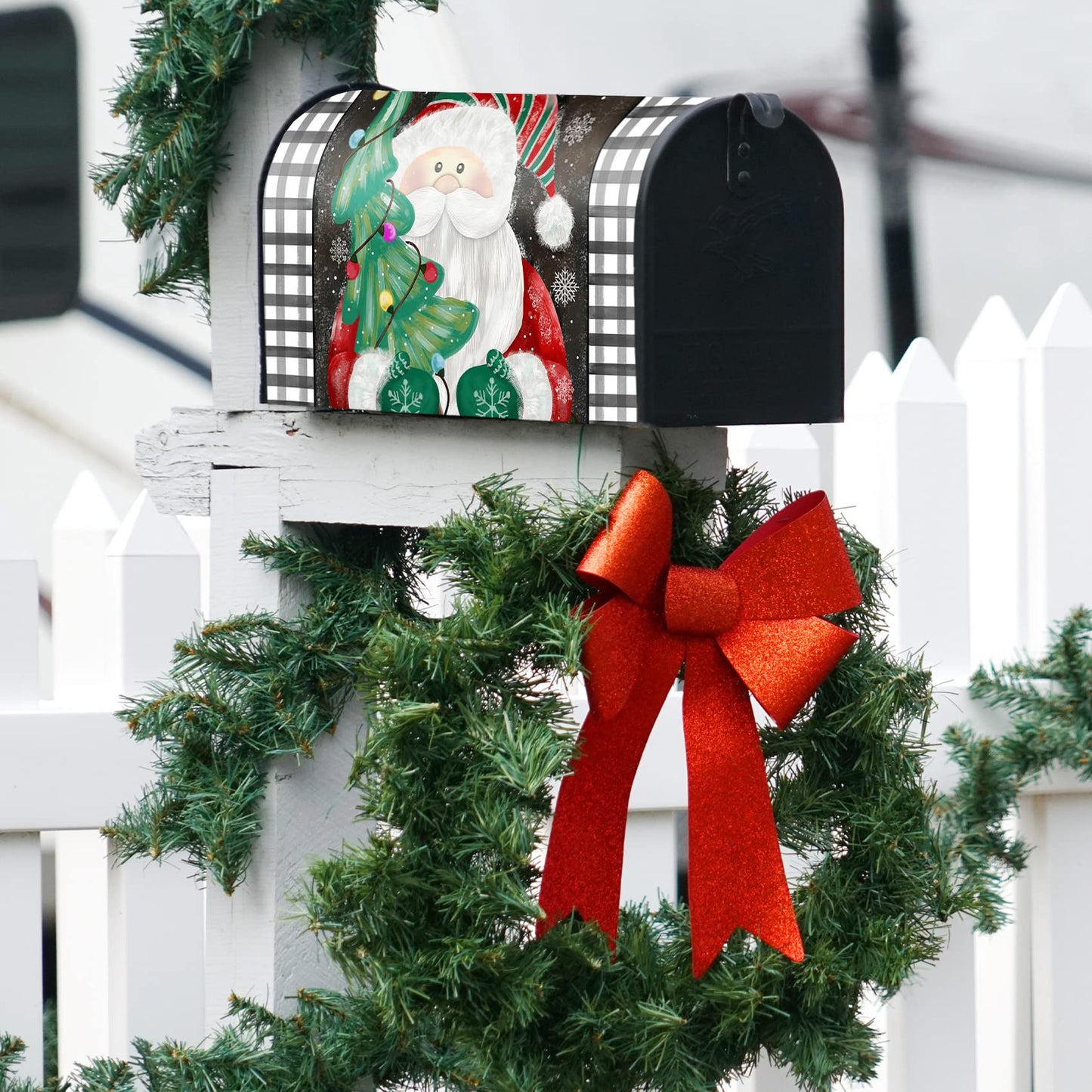 Texupday Christmas Santa Claus Decoration Mailbox Cover with Magnetic Strip Winter Christmas Tree Mailbox Wraps Post Letter Box Cover Standard Size 21" X 18" for Garden Outdoor Yard Decor