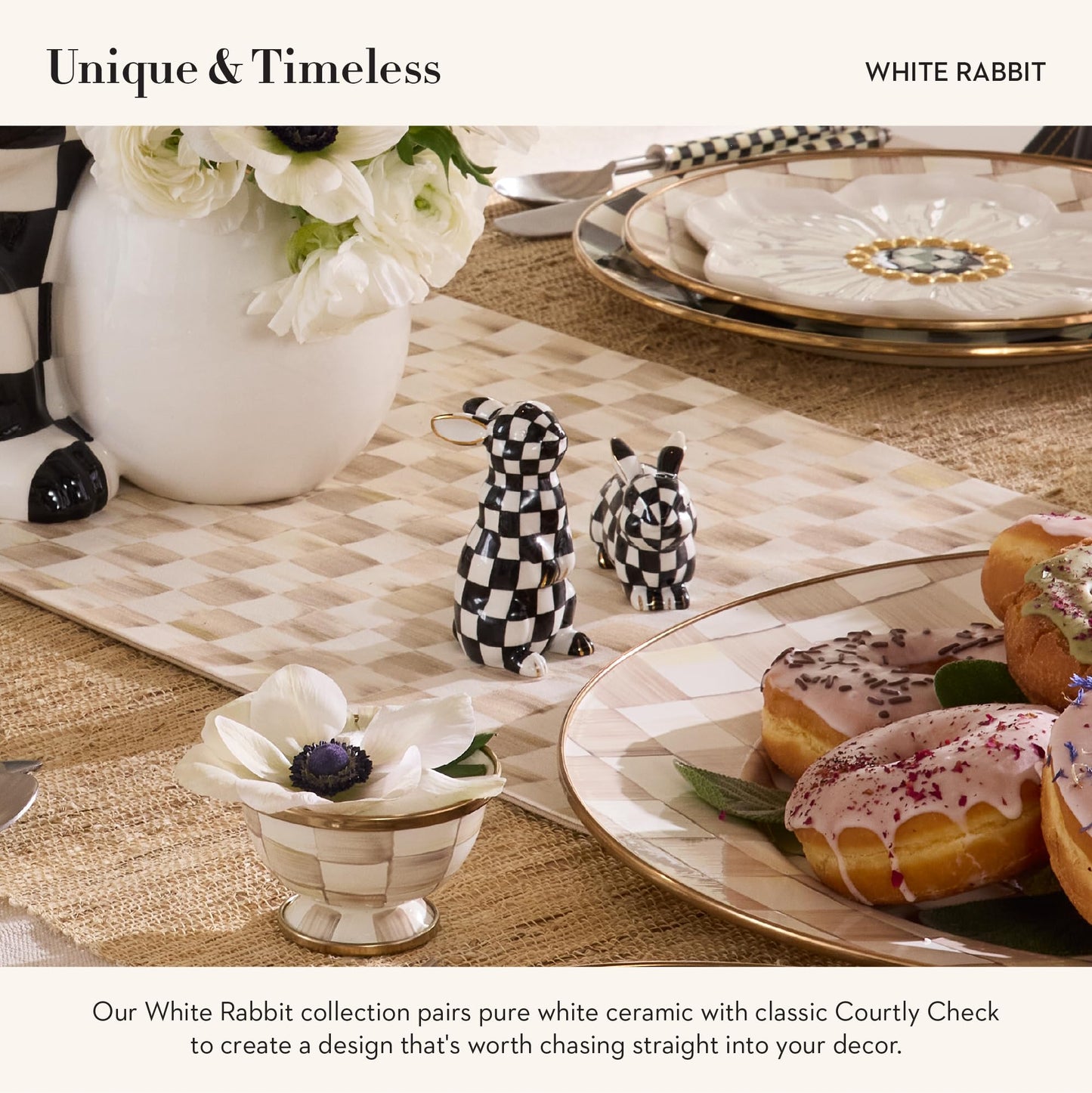 MACKENZIE-CHILDS Bunny Salt and Pepper Shaker Set, Ceramic Salt and Pepper Holders, Black-and-White Courtly Check