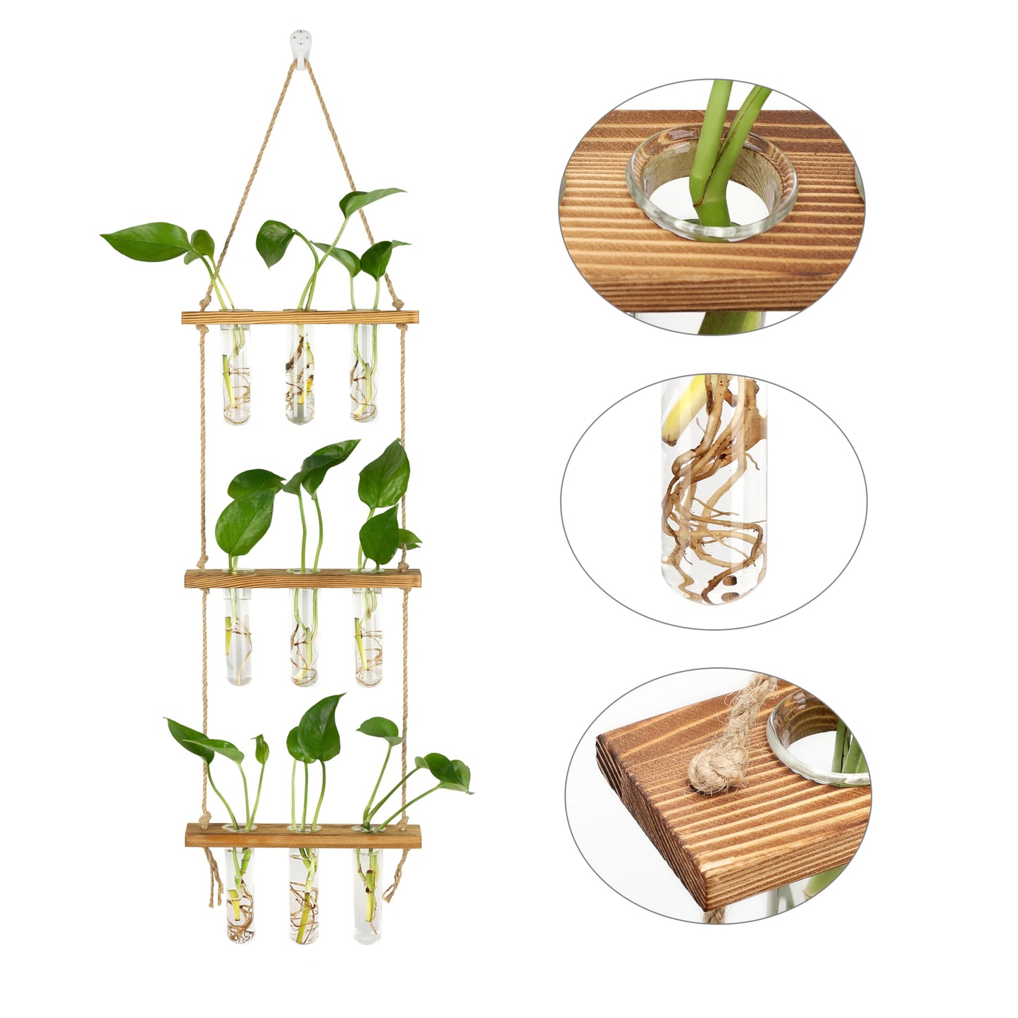 Hyindoor Wall Hanging Propagation Stations 3 Tired Wall Planter Terrarium with Wooden Stand and Glass Test Tubes Plant Hanger Flower Vase for Home Office Wall Decor Hydroponic Cuttings