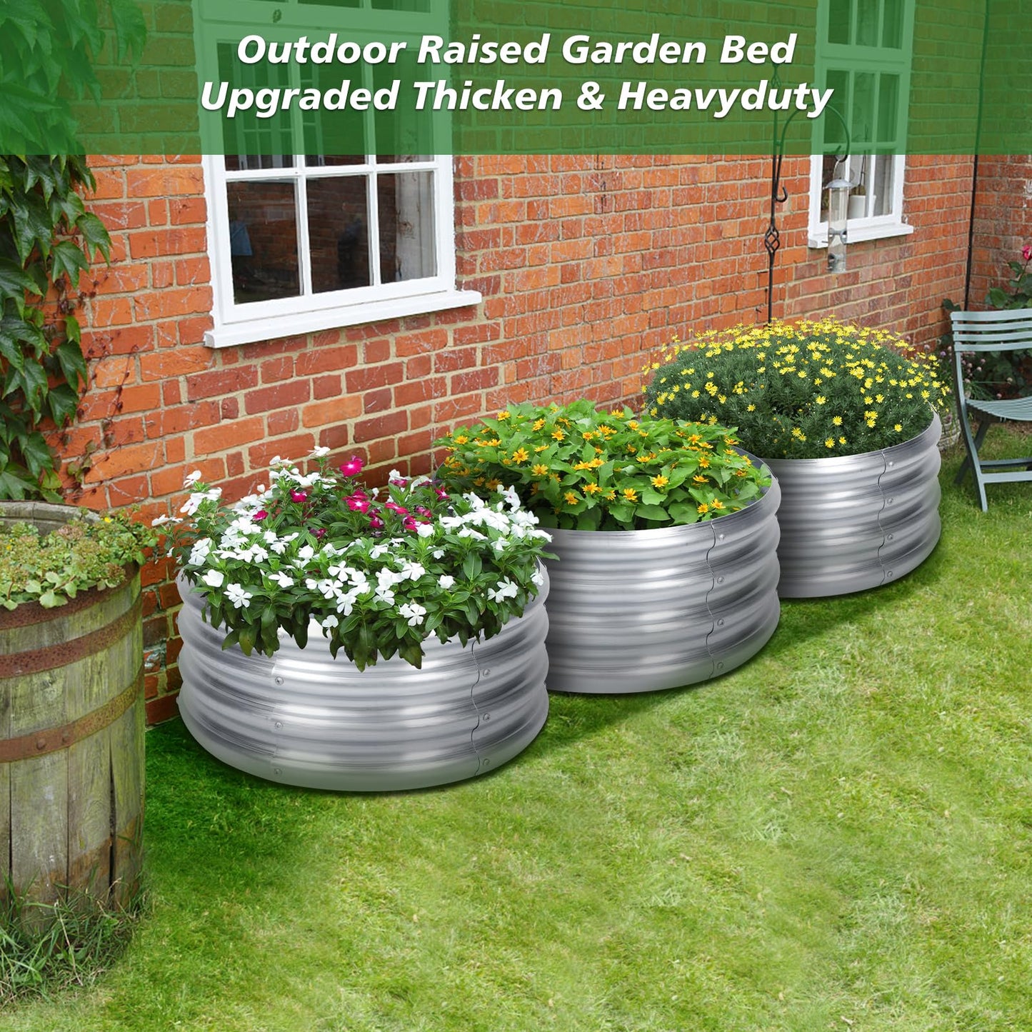 PINPON 3 Pack 2x2x1ft Round Galvanized Raised Garden Bed Outdoor, Silver Metal Planter Box for Vegetables, Herbs, Flowers