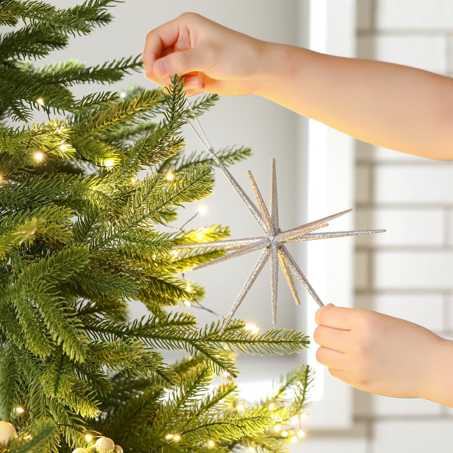 Syhood 6 Pcs Glitter Starburst Star New Year Ornaments 8 Inch Exploding Glitter Starburst Bethlehem Star Hanging Tree Ornaments Tabletop 3D Decor New Year Holiday Party(Sliver,Classic)