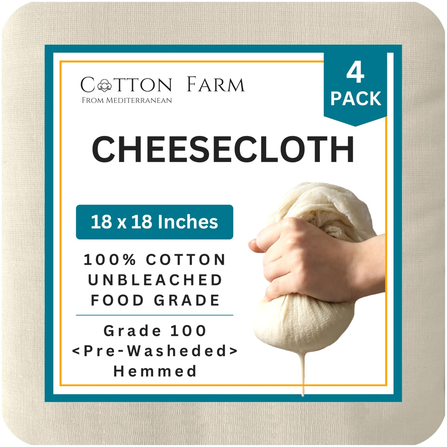 Cotton Farm Pre-Cut Cheese Cloths, 18 x 18 inch, Grade 100, Overlocked Edges, Ready to Use, Muslin Cheesecloth for Straining and Cooking, 100% Unbleached Cotton, Reusable