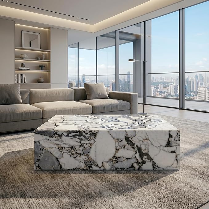 Faux Marble White Coffee Table, Rectangle MDF Living Room Table, Center Table