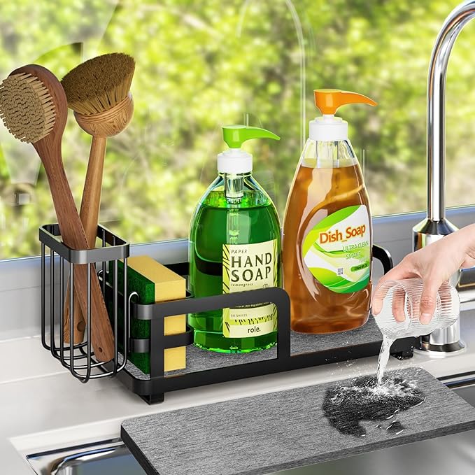 Kitchen Sink Caddy Organizer for Instant Dry, Rustproof Sponge Holder & Dish
