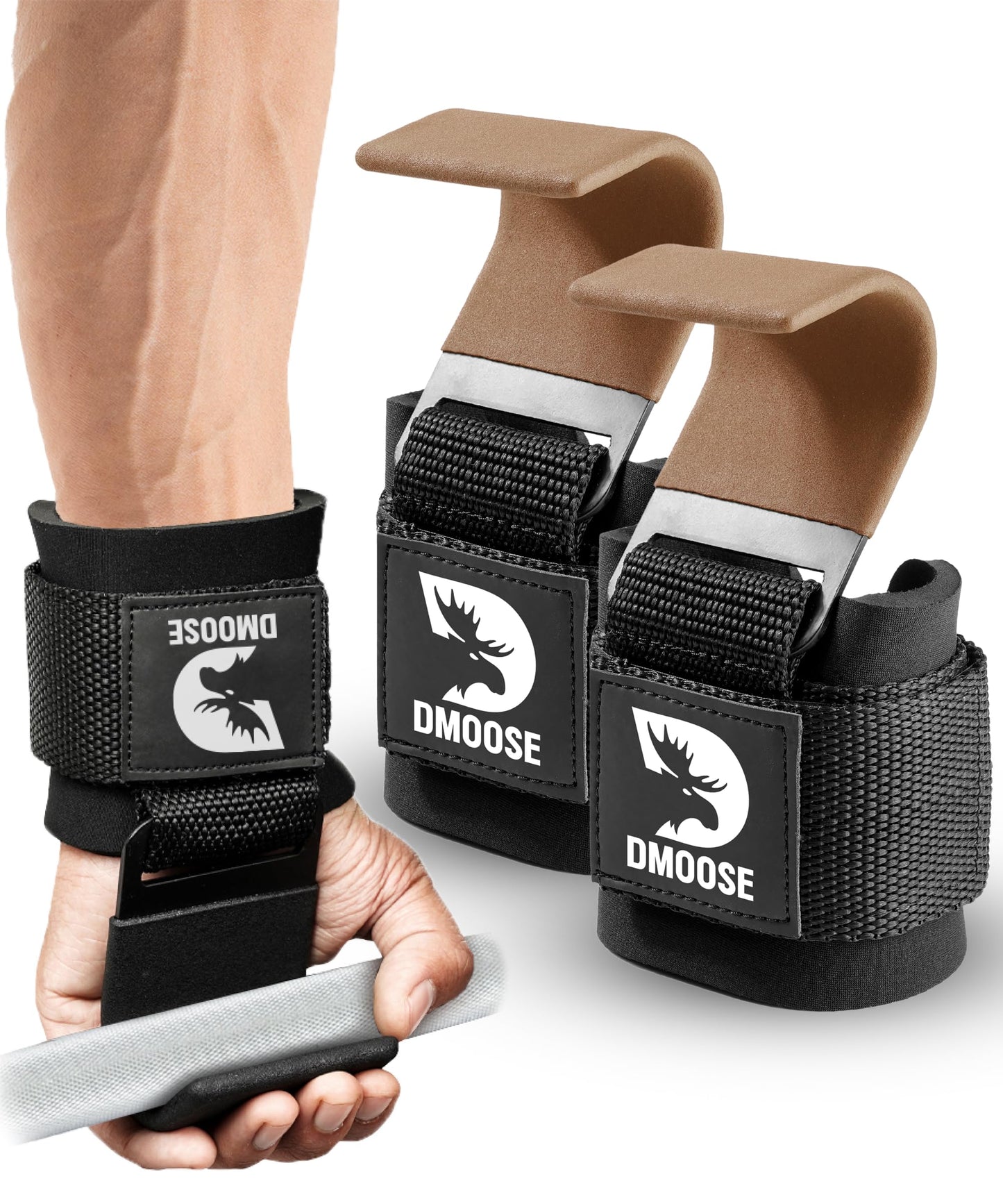 DMoose Fitness Weight Lifting Hooks (Pair) for Deadlifts, Pull Ups, Rows & Shrugs - Anti-Rip Nylon Strap Hand Grips with Thick Wrist Padding - Heavy Duty Wrist Straps for Weightlifting & Gym Workouts