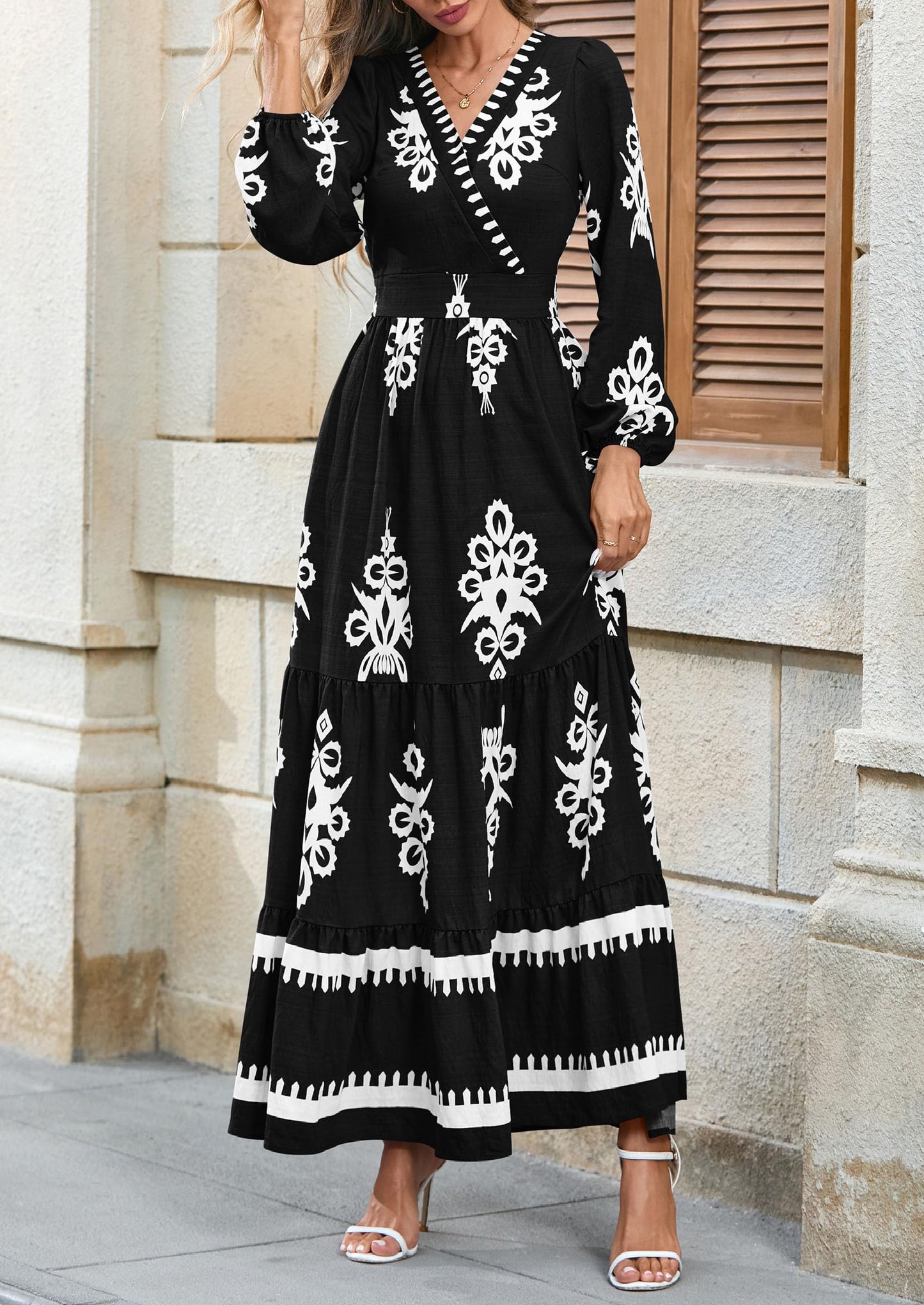 PRETTYGARDEN Women's 2025 Fall Wedding Guest Dresses Boho Floral Long Sleeve V Neck Flowy Elegant Maxi Dress Beach Clothes