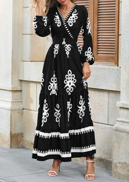 PRETTYGARDEN Women's 2025 Fall Wedding Guest Dresses Boho Floral Long Sleeve V Neck Flowy Elegant Maxi Dress Beach Clothes