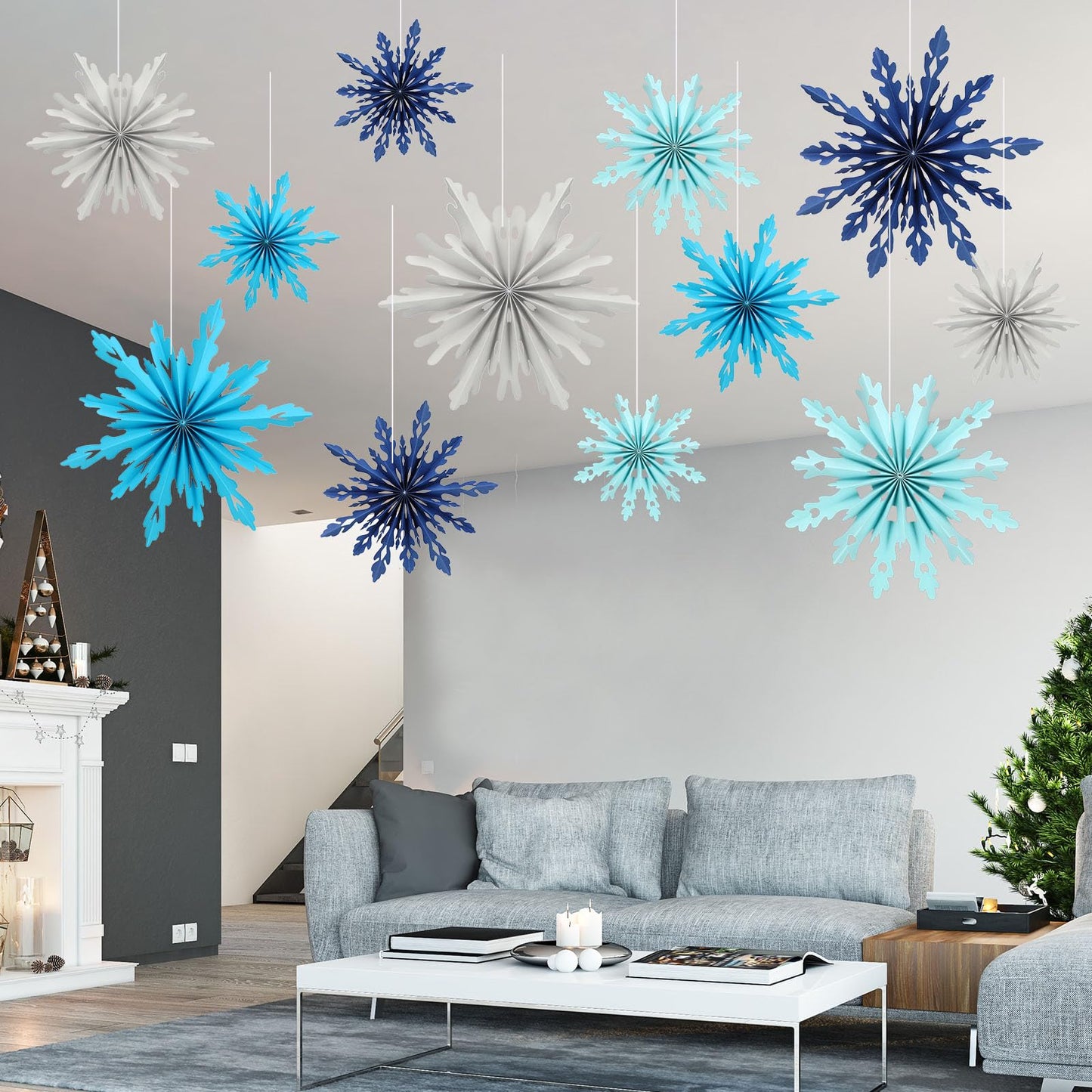 Fuyoooo 12 Pcs Snowflakes Hanging Decorations Blue Purple White Paper Fans Hollow Snowflakes Ceiling Hangings Decor Ice Birthday Fans Decor for Wedding Birthday Holiday Party Decoration(Blue)
