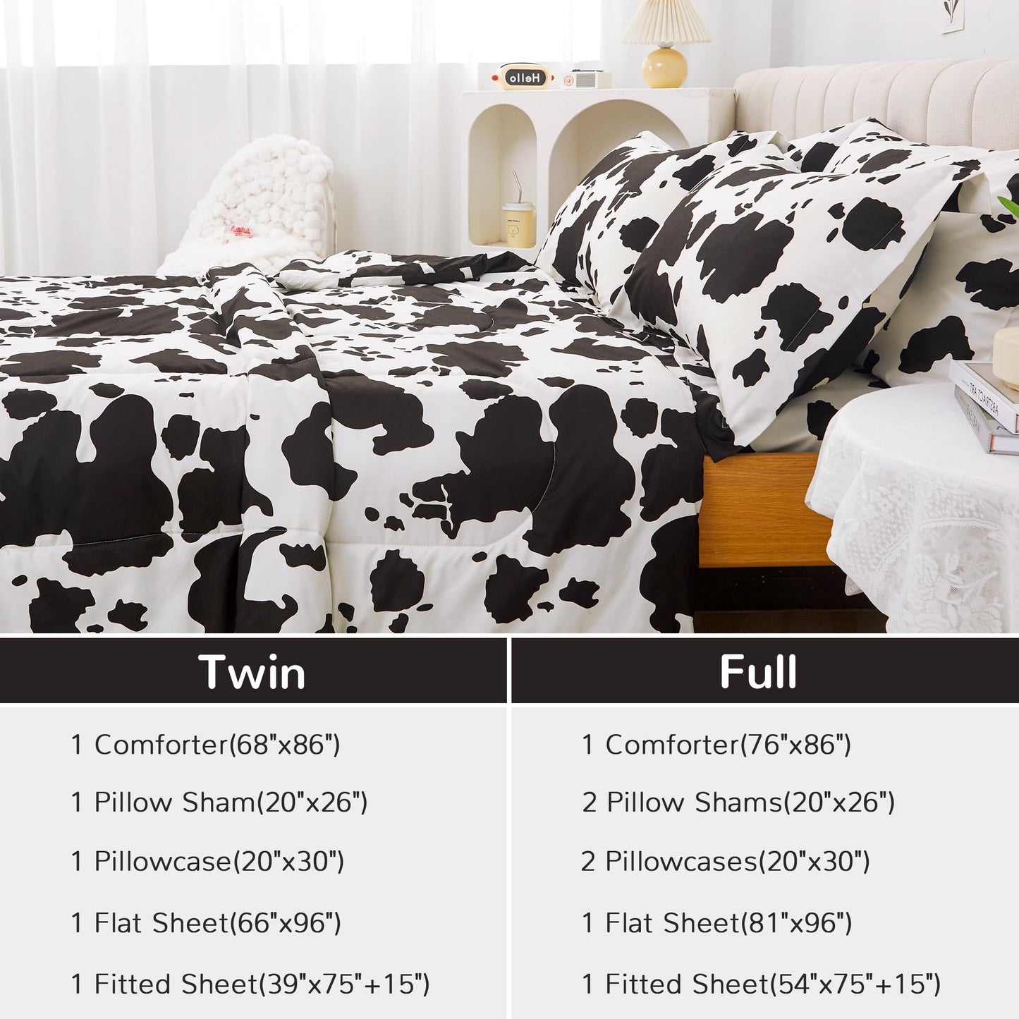Viviland Kids Twin Bedding Sets for Girls, Boys Soft Twin Comforter Set with Sheets, 5 Pieces Microfiber Bed in a Bag, Cow Animal