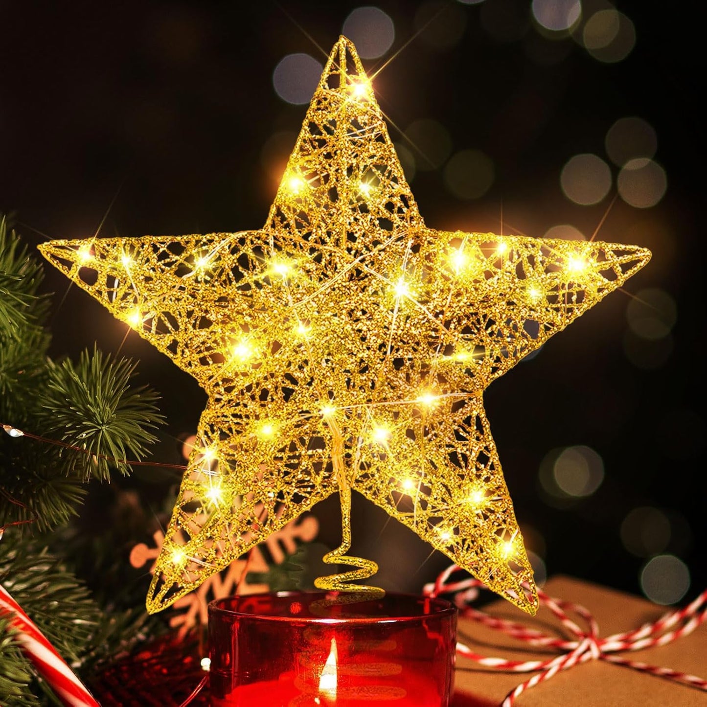 8 inch Christmas Tree Toppers Gold Glitter Star Metal Lighted with 20 LED Lights for Xmas Decorations, Holiday Party Indoor Bar Office Decor