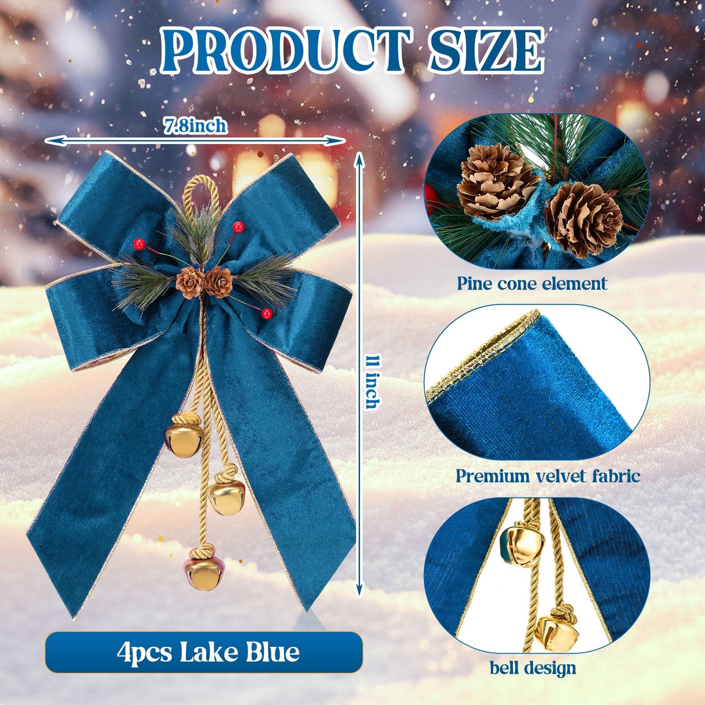 Yinkin 4 Pcs Christmas Tree Wreath Bow Christmas Ribbon Bows with Bells 11 x 7.8 in Velvet Pine Cone Bowknot Xmas Tree Hanging Ornaments Decor for Home Xmas Party Outdoor Indoor (Lake Blue)