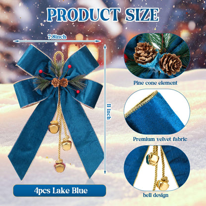 Yinkin 4 Pcs Christmas Tree Wreath Bow Christmas Ribbon Bows with Bells 11 x 7.8 in Velvet Pine Cone Bowknot Xmas Tree Hanging Ornaments Decor for Home Xmas Party Outdoor Indoor (Lake Blue)