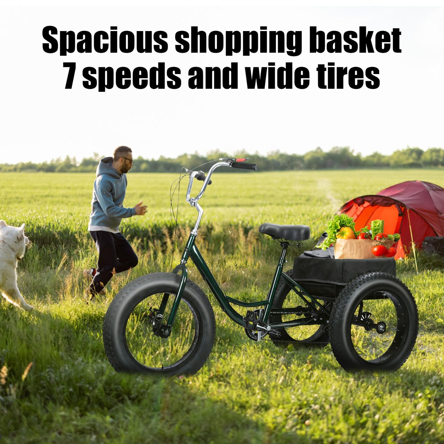 20 Inch Adult Tricycle 7 Speed, Fat Tire Trike Drift Tricycle with Double Disc Brake, High Carbon Steel 3 Wheel Bike for Seniors Adults 450 Lbs Capacity Shopping Basket Cruiser Bicycle (Black)