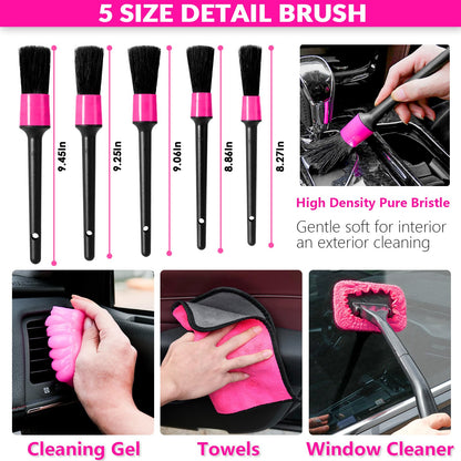 ThinkLearn Car Cleaning Kit, Car Vacuum Detailing Kit Interior with High Power Handheld Vacuum, Including 7Pcs Detailing Brush Set, Windshield Cleaner, Pink Car Accessories for Women