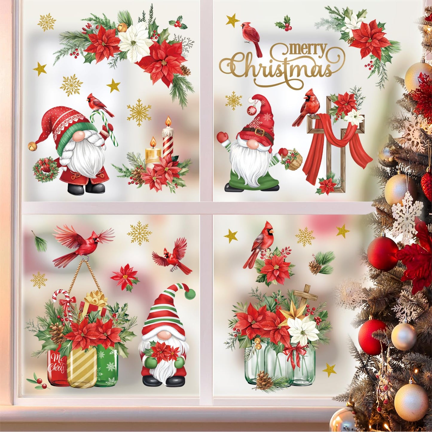 decalmile Christmas Red Gnome Flowers Window Clings Reusable Cardinal Birds Snowflake Window Decals Double Side Printed Window Stickers Glass Door Holiday Home Kitchen Decoration