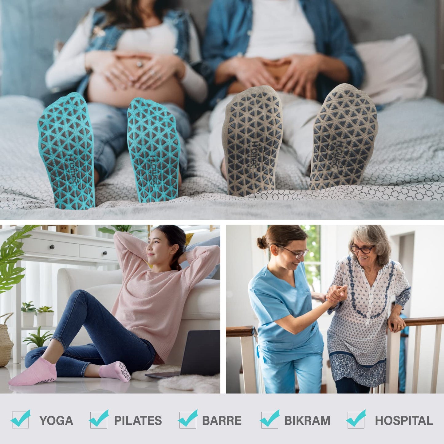 Non Slip Yoga Socks with Grips for Pilates, Ballet, Barre, Barefoot,Bikram,Hospital Anti Skid Socks for Women and Men L