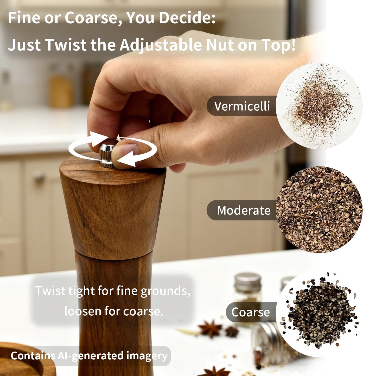 Amestar 2 Pack Acacia Wooden Salt and Pepper Grinder Set, 8.3 Inch Salt Grinder Refillable with Adjustable Coarseness, Manual Pepper Grinder with Ceramic/Stainless Steel Core, Home Essentials