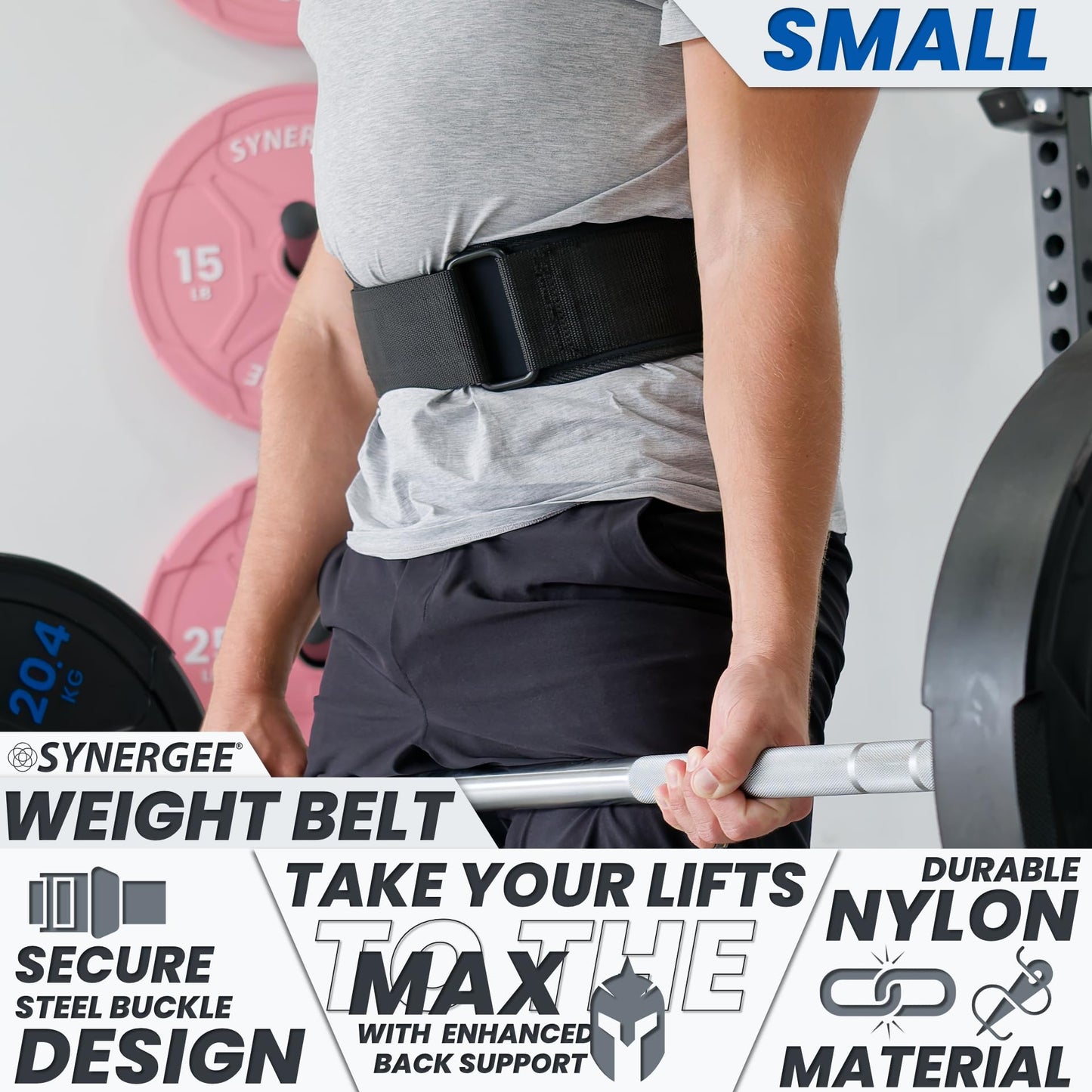 Synergee Weightlifting Belt 5” Padded Support for Squats Deadlifts Powerlifting & Cross Training - Small