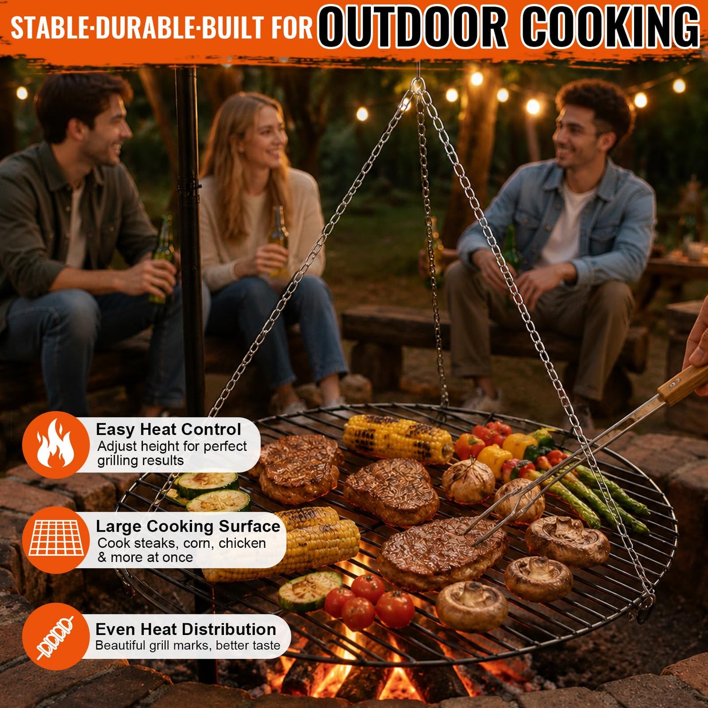 Ferrochef 22" Fire Pit Campfire Grill Grate, 22" Hanging Open Fire Cooking Grill Grate Portable Round Camping Cooking Barbecue Rack Heavy-Duty, Easy Setup & Adjustable Height for Outdoor Camping BBQ