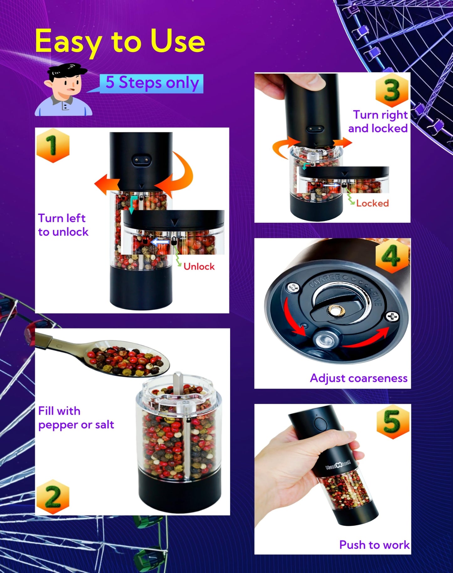 Electric Salt and Pepper Grinder Set with USB Charging Base, Rechargeable, Refillable, Adjustable Coarseness, ABS Automatic Salt & Pepper Mills, One-Hand Operation, 2 Pack 95ml+95ml(Black+White)