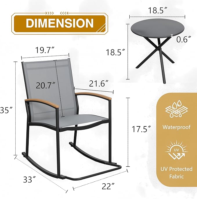 Shintenchi 3 Piece Outdoor Rocking Bistro Set, Textilene Fabric Small Patio Furniture Set, Front Porch Rocker Chairs Conversation Set with Table for Lawn, Garden, Balcony, Poolside (Light Gray)