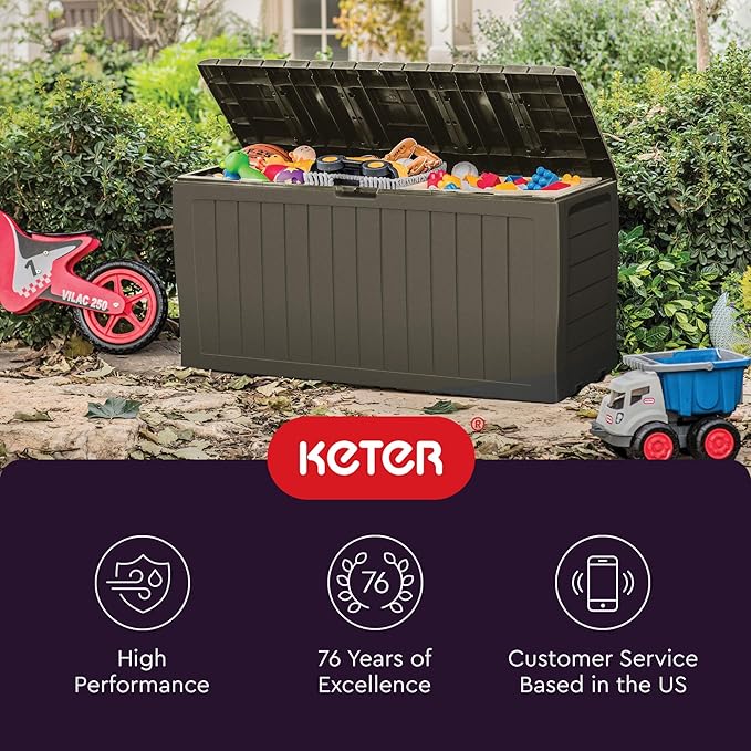 Keter Marvel Plus 71 Gallon Resin Outdoor Storage Box for Patio, Balcony & Garden – Weather‑Resistant Deck Box for Cushions, Pillows, Pool Floats & Tools, Mossy Brown