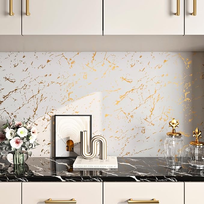 FunStick 24"x200" Off White and Gold Marble Peel and Stick Wallpaper Self