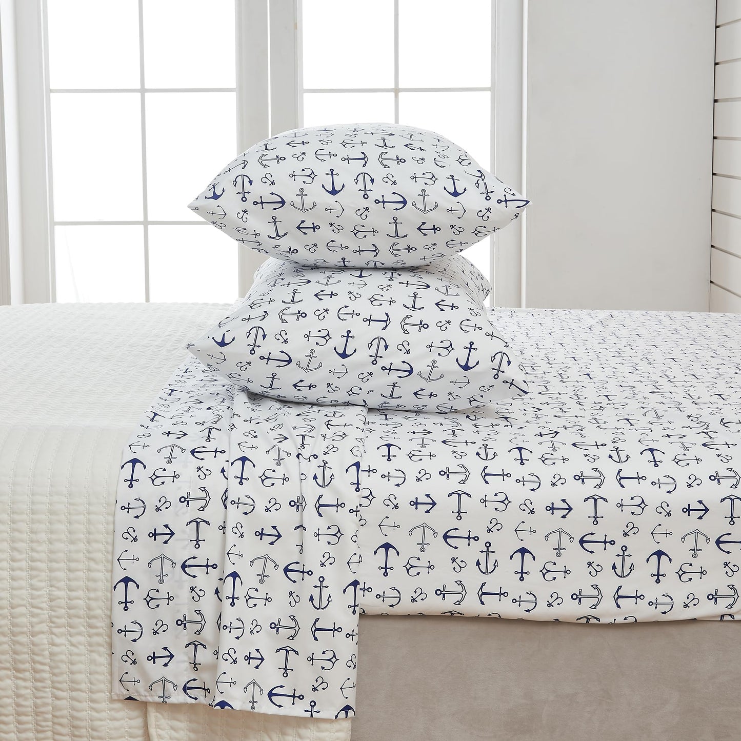 Great Bay Home King Coastal Microfiber Sheet Set - 4-Piece Nautical-Printed, Ultra-Soft Sheets - Beach-Themed Bedding Sheets & Pillowcases (Anchor)
